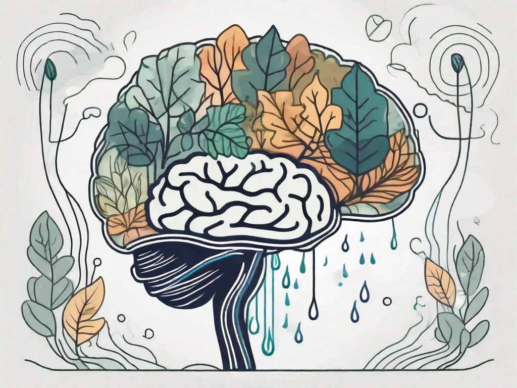 A brain with various natural elements like plants and water flowing around it