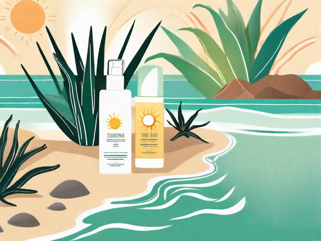 A sun shining over a beach scene with a bottle of sunscreen