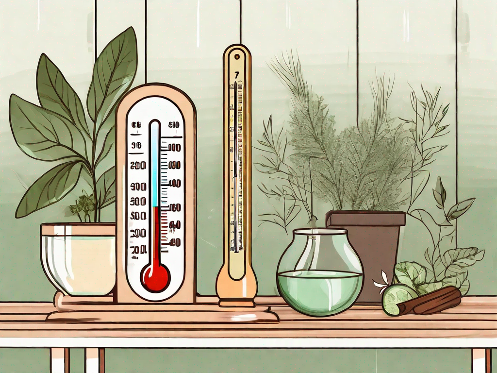 A thermometer with a high temperature next to natural remedies such as herbs