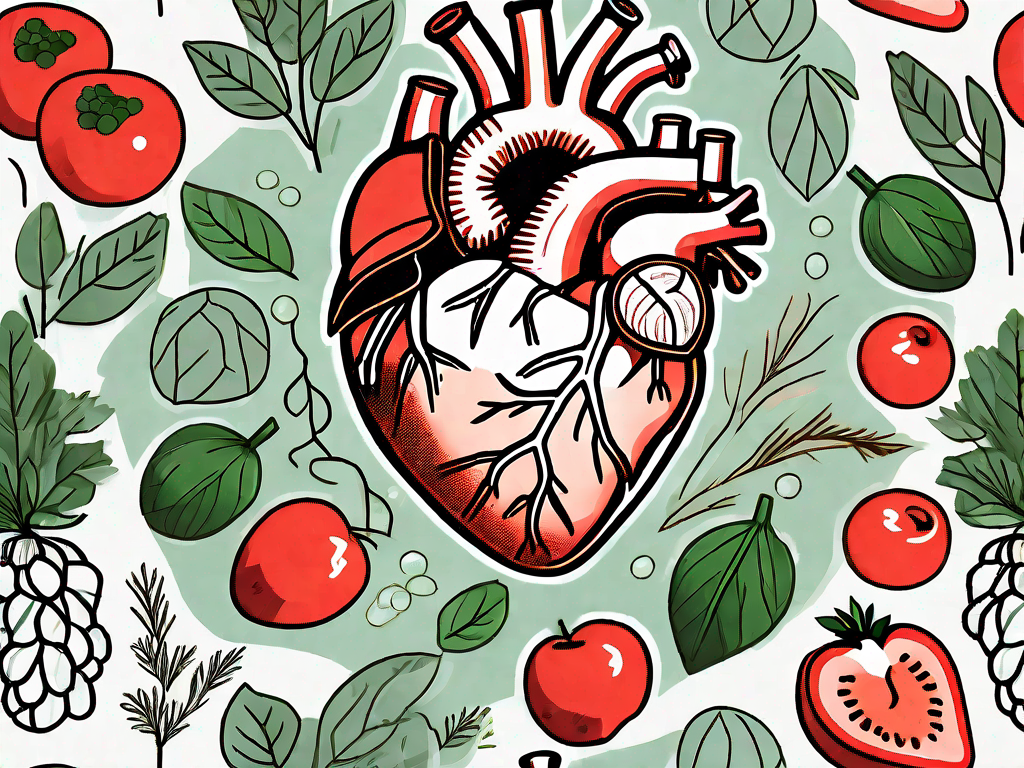 A healthy heart and blood vessels surrounded by various natural elements like fruits
