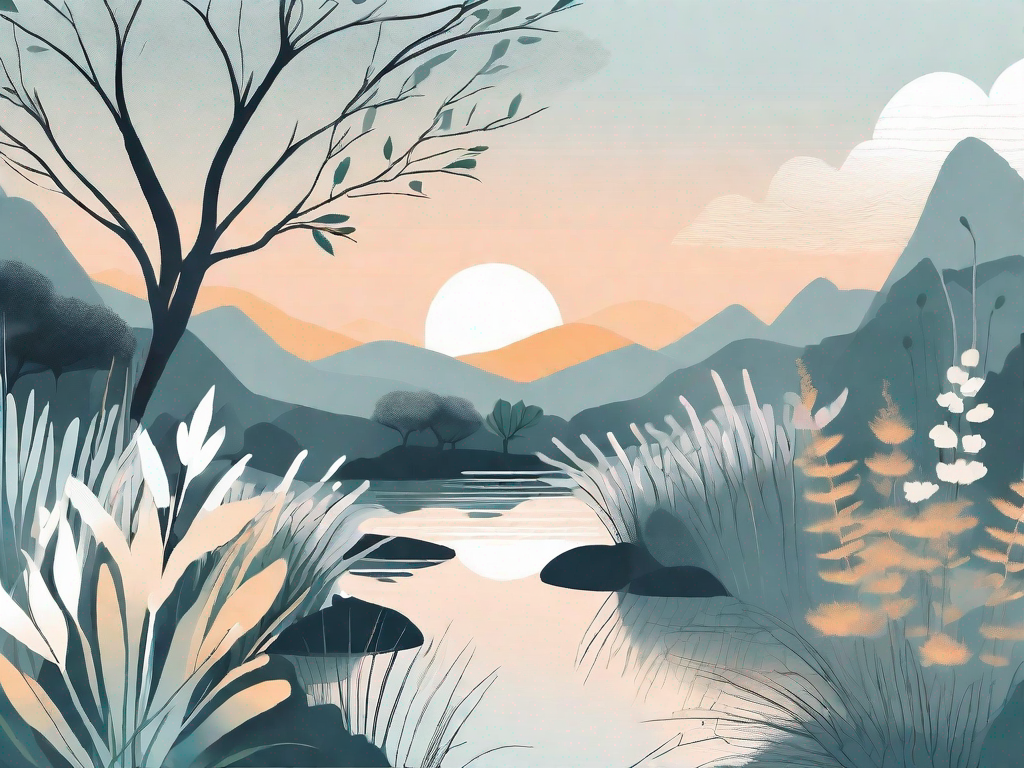 A serene landscape with a sunrise