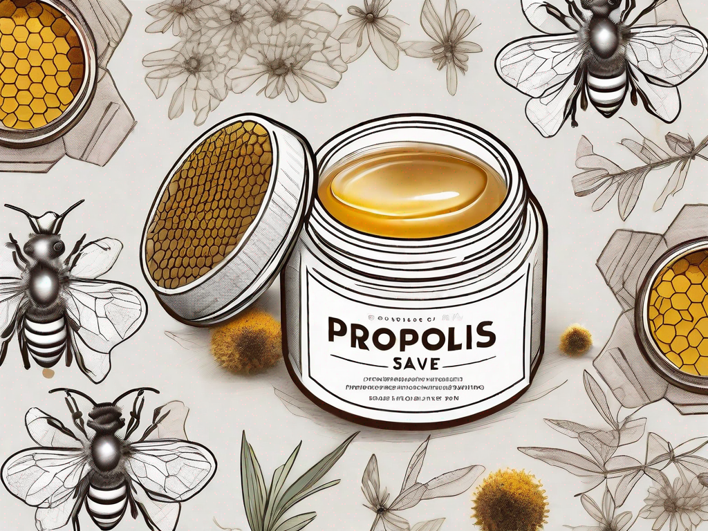 A jar of propolis salve surrounded by elements of nature like honeycombs