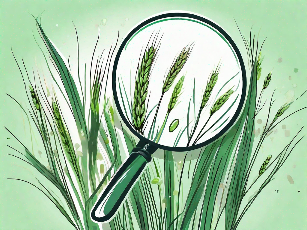 A magnifying glass focused on a handful of vibrant green barley grass