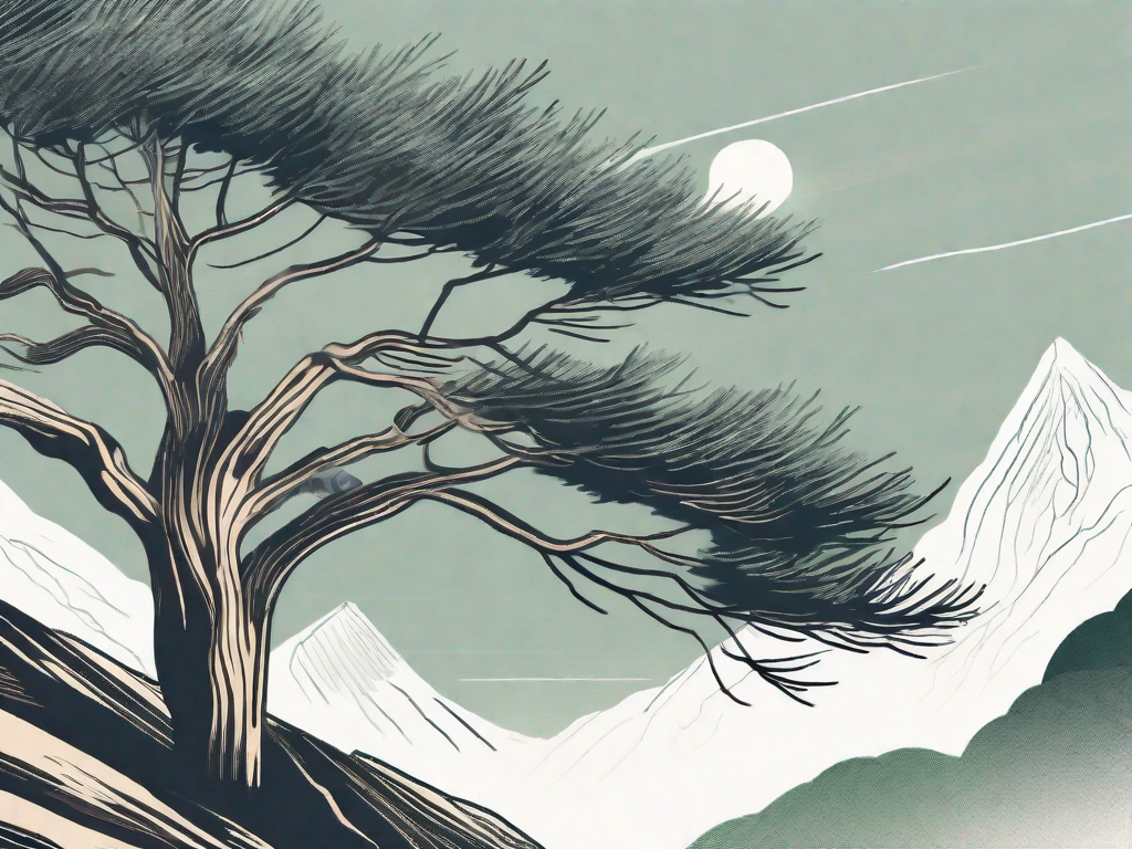 A serene alpine landscape featuring a prominent swiss pine (zirbelkiefer) tree