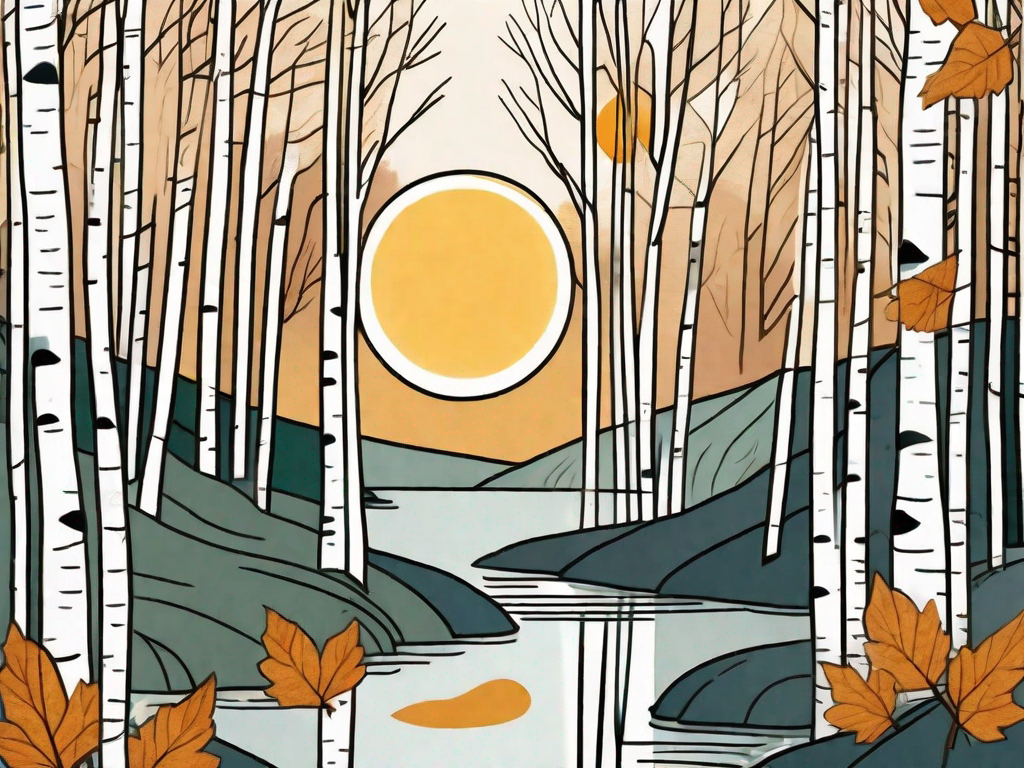 Birch leaves gently falling from a tree in a forest